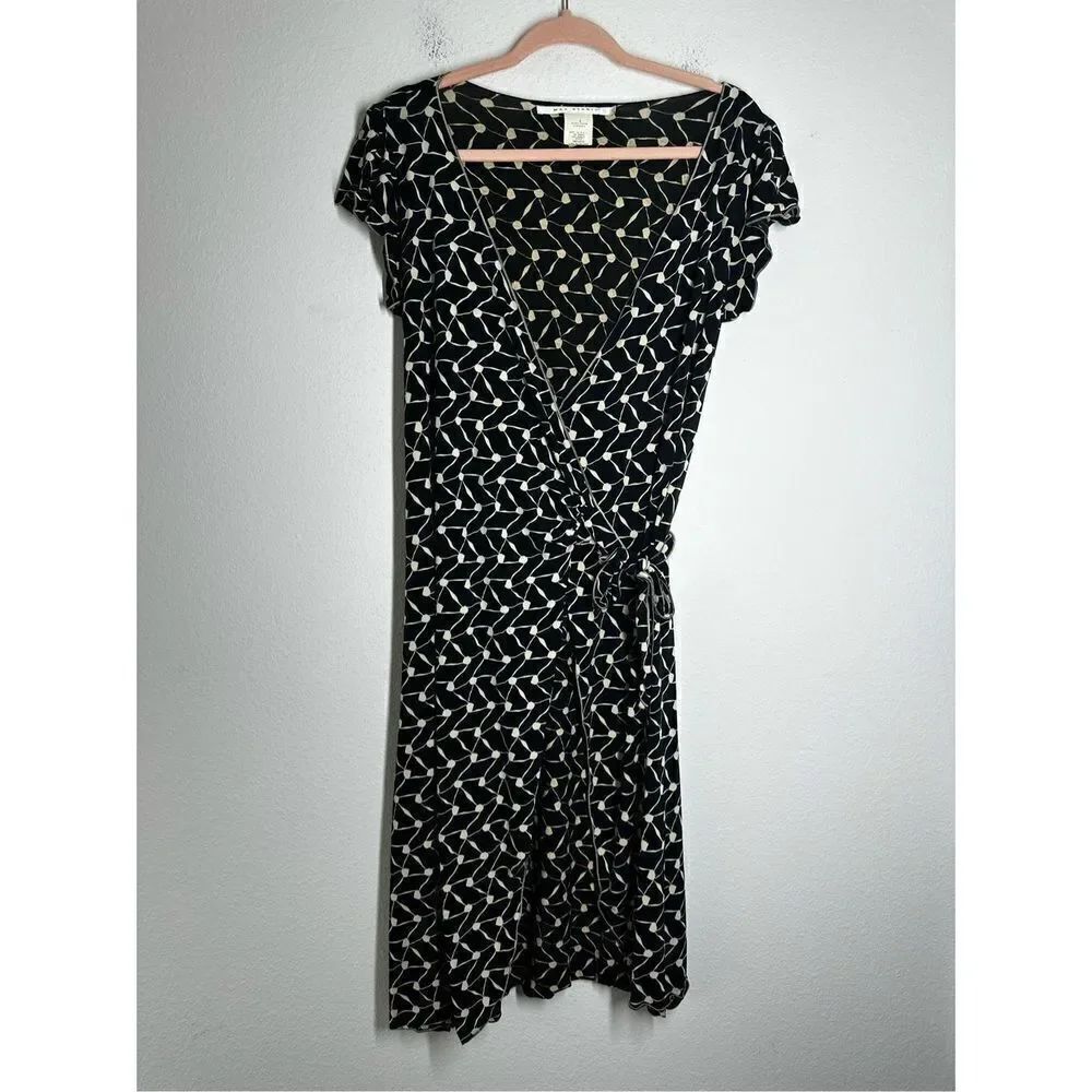 Max Studio Wrap MIDI Dress Geometric Pattern V Neck Black White Size S